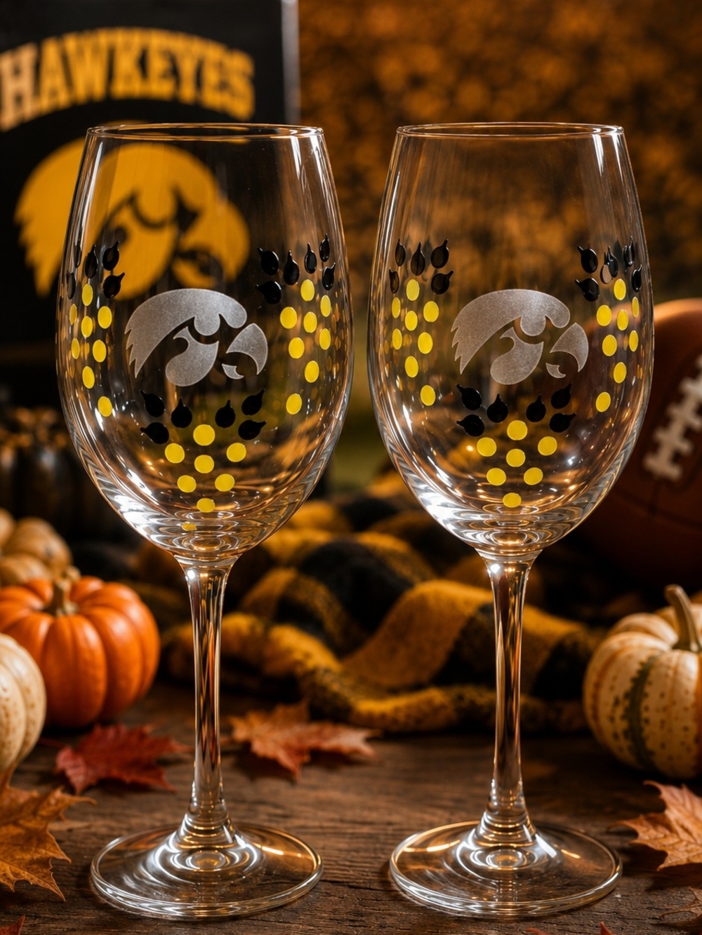 Yellow & Black Iowa Hawkeye Logo Wine Glasses - Set of 2 - Picture 2 of 4